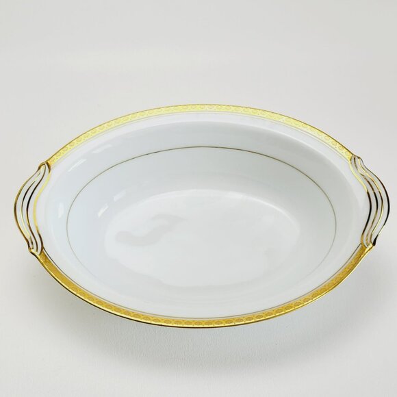 Noritake Richmond 10" Oval Serving Bowl White Base Gold Etched Band Elegant - Picture 2 of 12